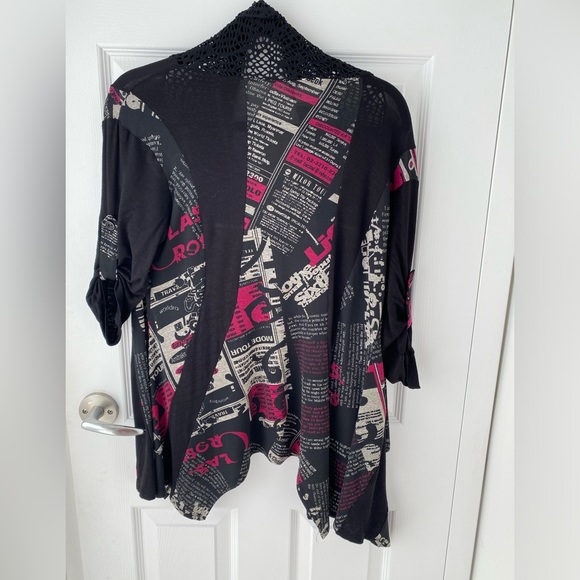 Clientele Pink and Black Print Asymmetrical Open Cardigan Sz Small - Picture 2 of 6